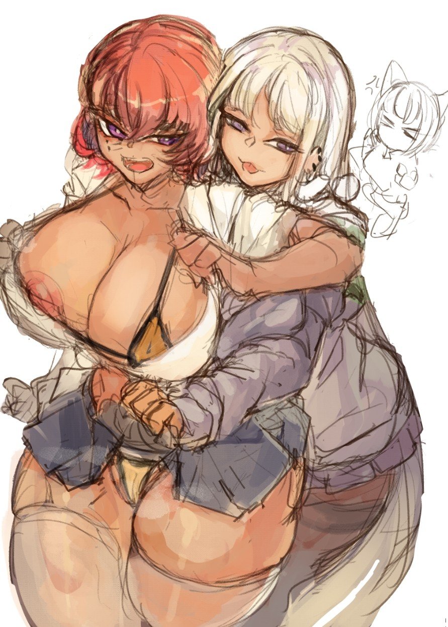 3girls bikini breasts character_request cheona_(last_origin) dark-skinned_female dark_skin female_focus highres huge_breasts janghwa_(last_origin) larribee last_origin looking_at_viewer micro_bikini midriff miniskirt multiple_girls nipple_slip nipples open_mouth purple_eyes red_hair sketch skirt standing swimsuit thick_thighs thighhighs thighs vargr_(last_origin) white_background white_hair white_thighhighs yuri zettai_ryouiki