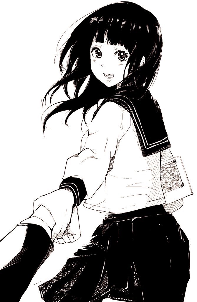 1boy 1girl black_hair blush book chitanda_eru holding holding_another&#039;s_wrist holding_book holding_hands hyouka kamiyama_high_school_uniform_(hyouka) long_hair looking_at_viewer looking_back oreki_houtarou pleated_skirt sailor_collar school_uniform skirt smile takohathisann