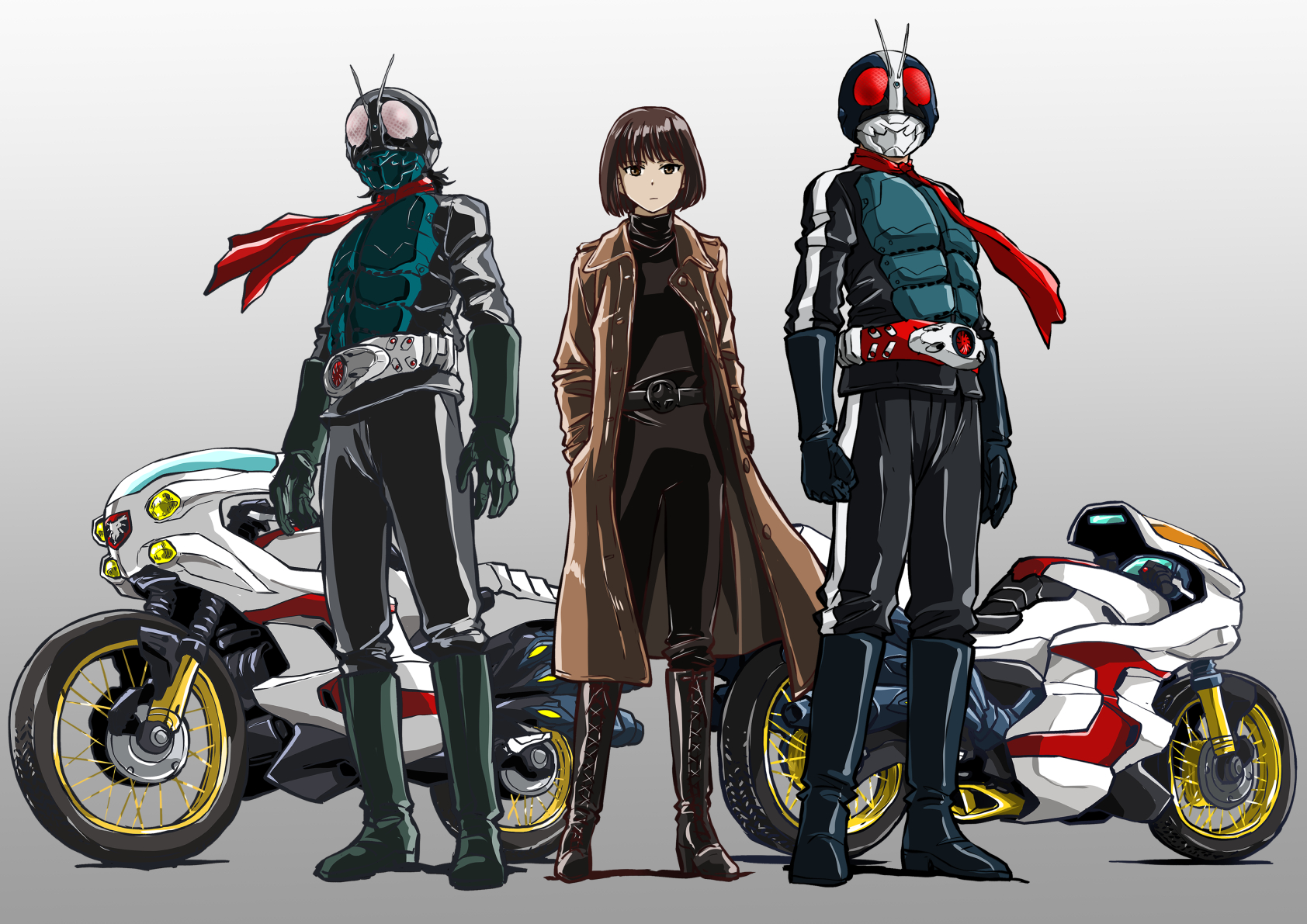 1girl 2boys armor belt black_gloves black_hair black_pants bodysuit boots bug coat compound_eyes cyclone_(kamen_rider) full_body gloves grasshopper green_armor green_gloves green_helmet grey_background helmet highres insect kamen_rider kamen_rider_1 kamen_rider_1_(shin) kamen_rider_2 kamen_rider_2_(shin) long_coat long_sleeves looking_at_viewer midorikawa_ruriko_(shin_kamen_rider) multiple_boys pants red_eyes red_scarf rider_belt scarf shin_kamen_rider short_hair taiga_hiroyuki tokusatsu trench_coat typhoon_(kamen_rider)