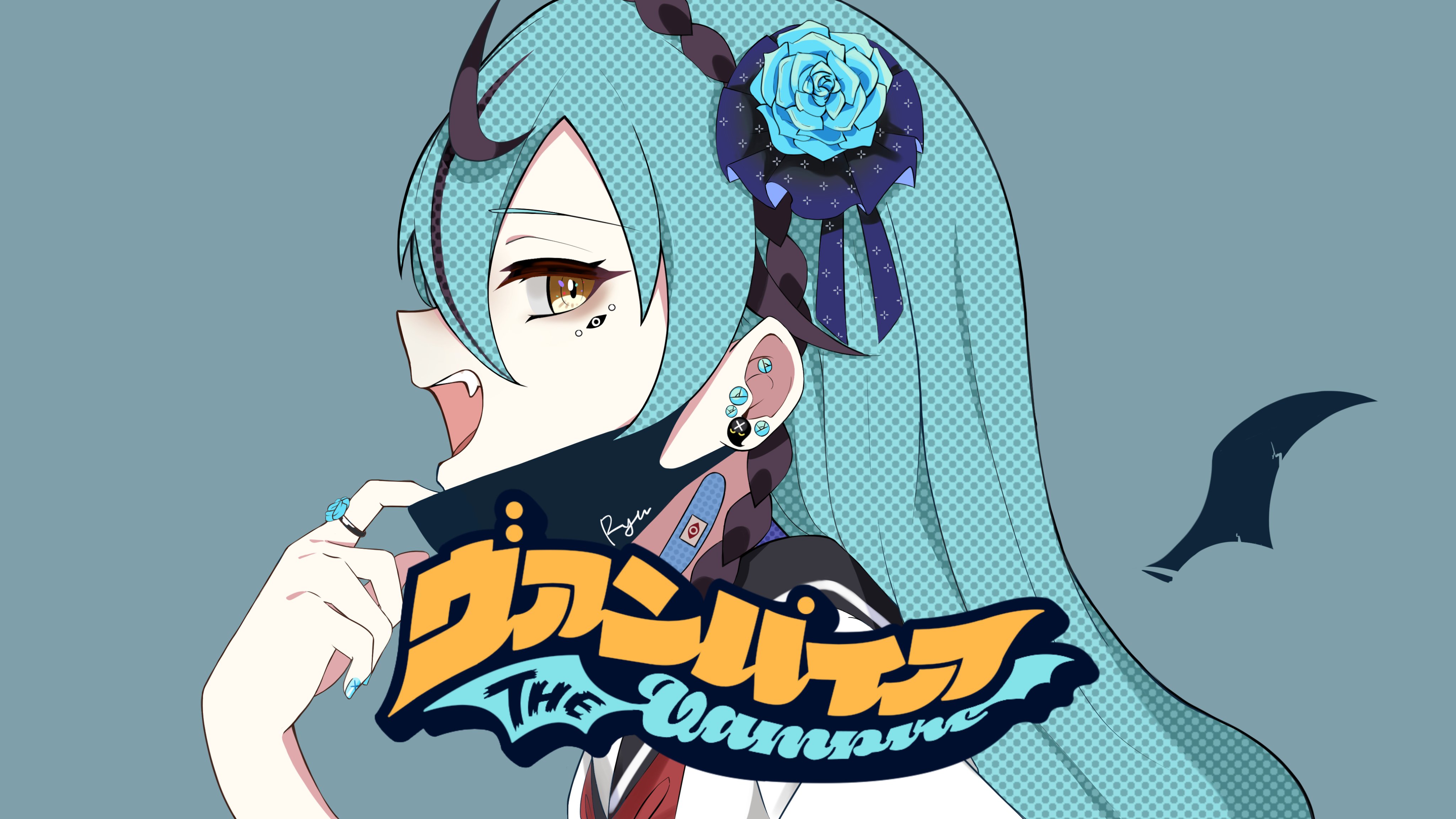 1girl absurdres alternate_costume bandaid bandaid_on_neck black_hair blue_background blue_flower blue_rose earrings flower from_side hair_behind_ear hair_flower hair_ornament highres jewelry mask mask_pull mouth_mask multicolored_hair nijisanji nijisanji_kr rose ryu_hari ryuryuyangyang school_uniform serafuku solo streaked_hair vampire_(vocaloid) virtual_youtuber vocaloid yellow_eyes