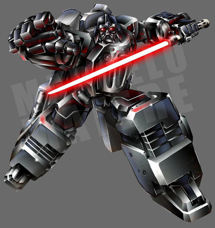 artist_name box_art commentary darth_vader energy_sword english_commentary grey_background holding holding_sword holding_weapon lightsaber marcelo_matere mecha mecha_focus official_art open_hand red_eyes red_lightsaber robot simple_background solo star_wars sword transformers watermark weapon
