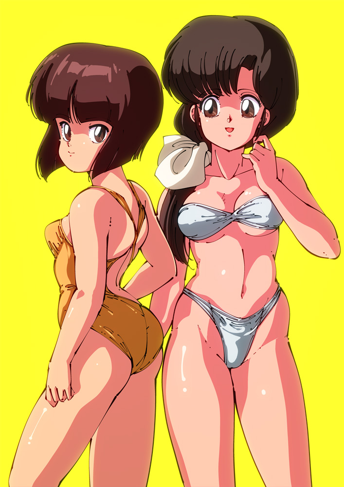 2girls :d arm_at_side ass backless_swimsuit bare_back bare_shoulders bikini blunt_bangs blunt_ends bob_cut breasts brown_eyes brown_hair closed_mouth collarbone commentary feet_out_of_frame from_side groin hair_over_shoulder hand_up highleg highleg_bikini hip_bones inverted_bob kawasaki_(kawasakiw1sp) long_hair looking_at_another looking_at_viewer looking_to_the_side low_ponytail multiple_girls navel one-piece_swimsuit open_mouth paid_reward_available ponytail ranma_1/2 scratching_cheek short_hair siblings simple_background sisters small_breasts smile standing strapless strapless_bikini swept_bangs swimsuit tendou_kasumi tendou_nabiki white_bikini yellow_background yellow_one-piece_swimsuit