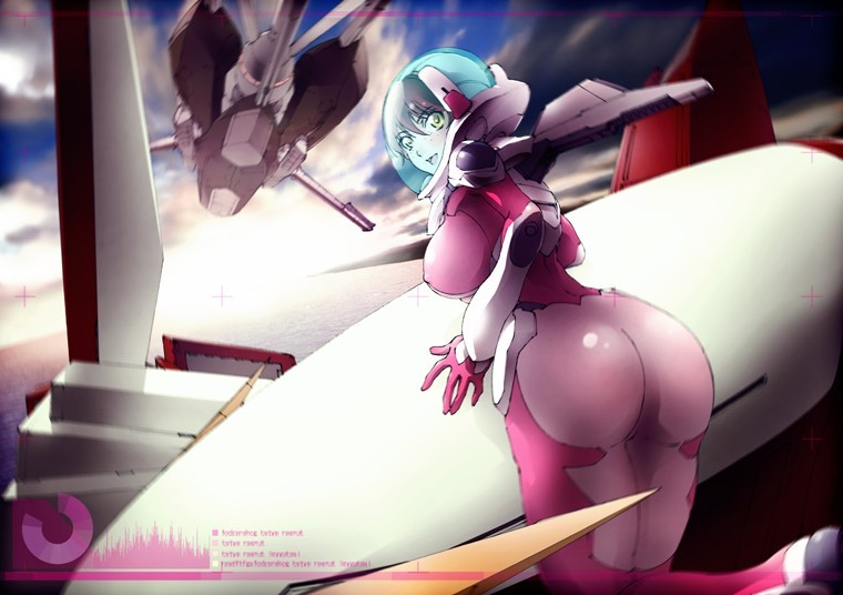 00s 1girl ass bodysuit breasts covered_erect_nipples freckles from_behind gundam gundam_00 gundam_throne_drei helmet large_breasts nena_trinity ocean official_art pilot_suit pink_hair skin_tight sky spacesuit throne_drei washio_naohiro yellow_eyes