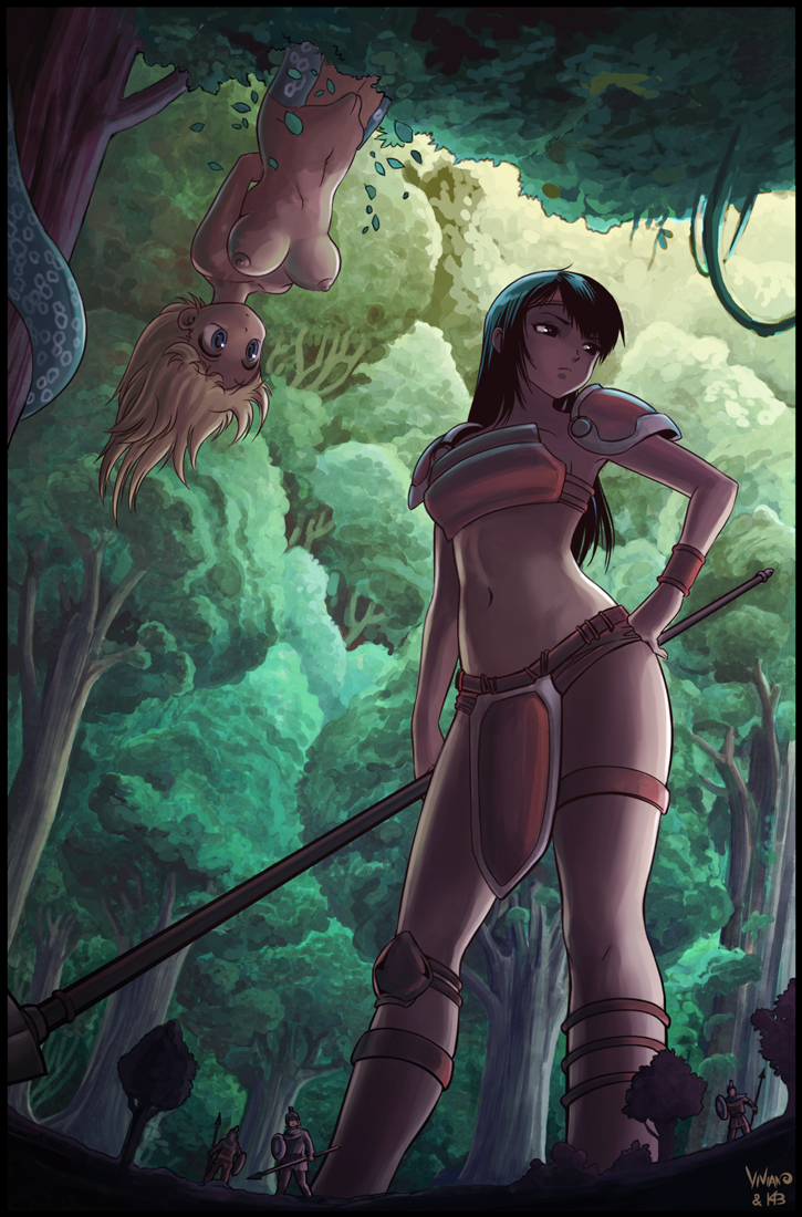 2girls armor athena black_hair blonde_hair breastplate breasts casual_nudity crisis felarya giant giantess gtsvivian hanging_breasts karbo lamia medium_breasts monster_girl multiple_girls nipples polearm pussy spear tree weapon