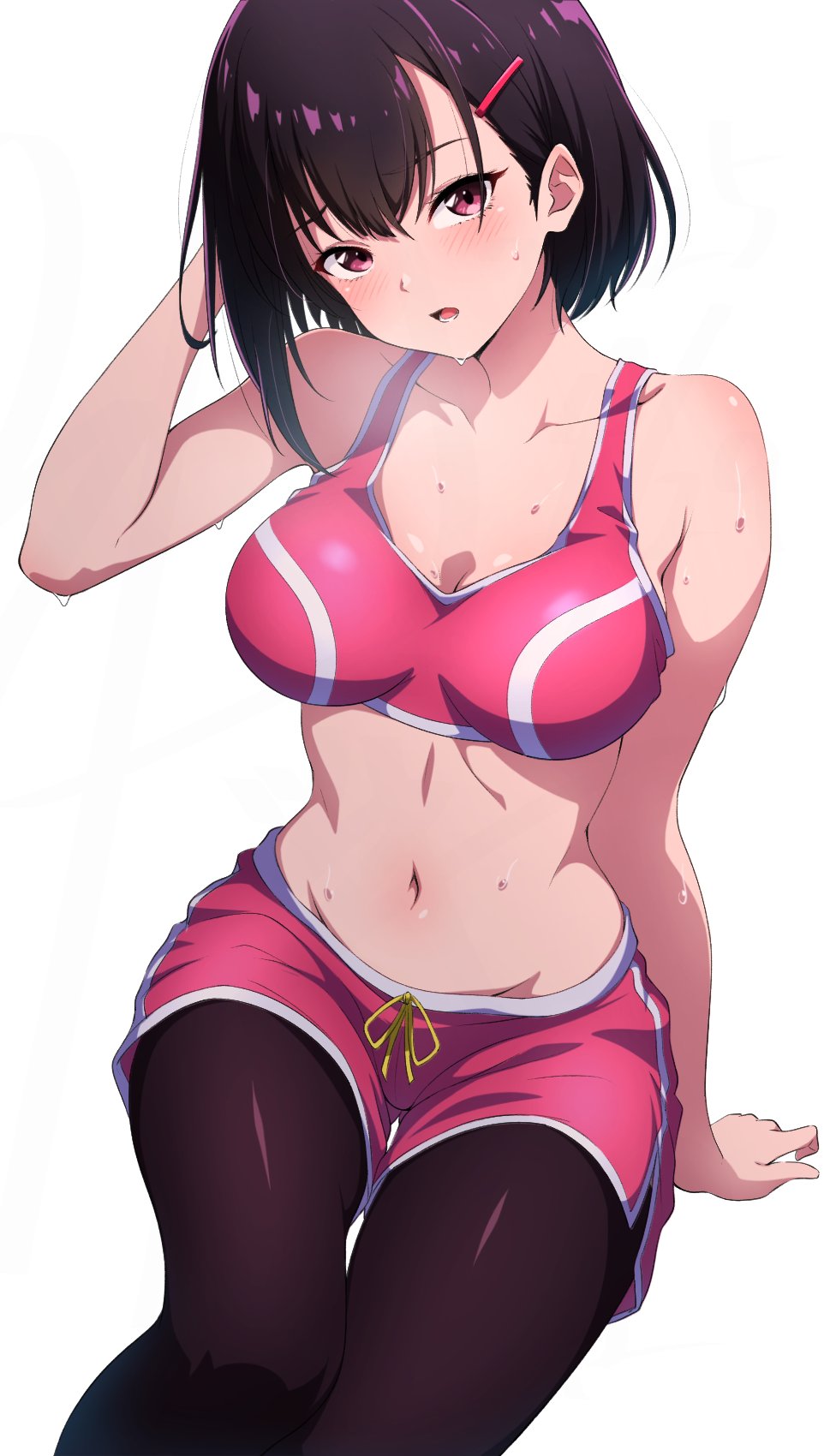 1girl black_hair black_leggings breasts commentary hair_behind_ear hair_ornament hairclip highres large_breasts leggings leggings_under_shorts looking_at_viewer mikazuki_shizuka navel nishizuki_shino pink_eyes pink_shorts pink_sports_bra short_hair shorts single_sidelock sitting solo sports_bra sweat white_background zom_100:_zombie_ni_naru_made_ni_shitai_100_no_koto