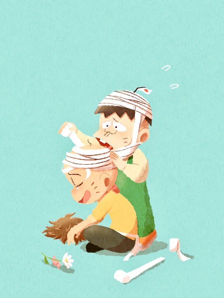 2boys applying_bandages aqua_background bald bandaged_head bandages black_pants buck_teeth chibita closed_eyes facial_mark flower flying_sweatdrops green_overalls hatabou head_flag hinakura3 male_focus multiple_boys neck_brace osomatsu-san_the_movie osomatsu_(series) overalls pants shirt sitting sleeves_rolled_up smile tearing_up teeth whisker_markings wig wrapping yellow_shirt