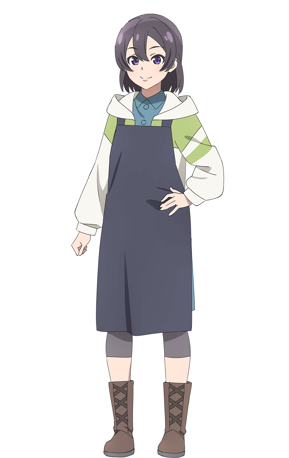 1girl apron black_apron black_hair blue_shirt boots brown_boots closed_mouth collared_shirt full_body genjitsu_no_yohane green_jacket hand_on_own_hip highres hood hooded_jacket jacket long_sleeves love_live! love_live!_sunshine!! official_art open_clothes open_jacket purple_eyes shirt short_hair simple_background smile solo split_mouth standing tachi-e transparent_background tsuki_(genjitsu_no_yohane) watanabe_tsuki