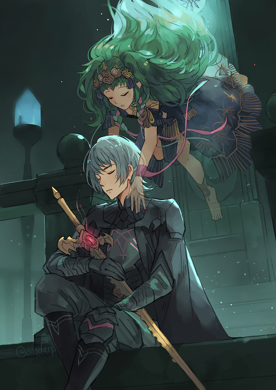 1boy 1girl anocurry armor black_gloves blue_eyes blue_hair braid closed_eyes dress fire_emblem fire_emblem:_three_houses from_side gloves green_hair hair_ornament hair_ribbon heroes_relic_(fire_emblem) highres holding holding_sword holding_weapon long_hair male_byleth_(enlightened)_(fire_emblem) male_byleth_(fire_emblem) nintendo pointy_ears ribbon_braid short_hair sitting sothis_(fire_emblem) sword sword_of_the_creator tiara twin_braids weapon