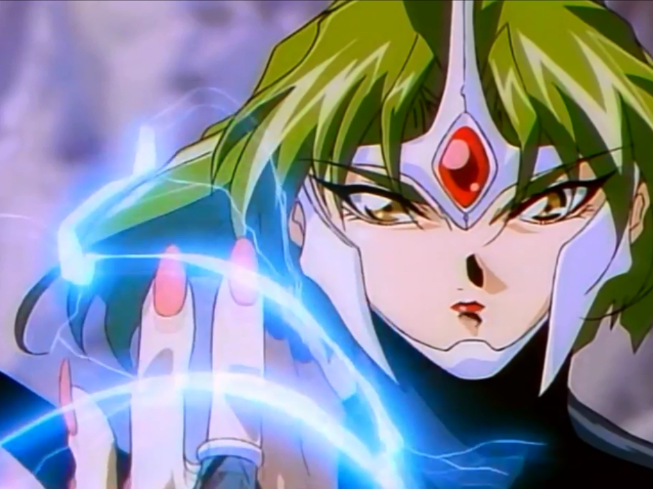 1990s_(style) angry armor asahina_suzu brown_eyes choujin_gakuen_gowcaizer electricity forehead_protector green_hair lipstick makeup oobari_masami platonic_slave retro_artstyle screencap