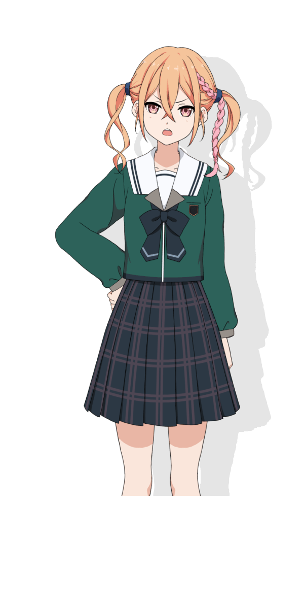 1girl 22/7 22/7_ongaku_no_jikan annoyed arm_at_side black_bow black_bowtie black_skirt bow bowtie brown_eyes cropped_legs crossed_bangs drop_shadow fumino_miko green_shirt hair_between_eyes hand_on_own_hip highres long_sleeves looking_at_viewer multicolored_hair official_art open_mouth orange_hair pink_hair plaid_clothes plaid_skirt pleated_skirt rokubanchou_school_uniform sailor_collar school_emblem school_uniform serafuku shirt skirt solo standing straight-on tachi-e teeth transparent_background twintails two-tone_hair upper_teeth_only v-shaped_eyebrows white_sailor_collar winter_uniform