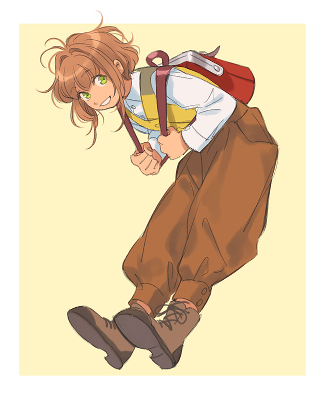 1girl ankle_boots antenna_hair backpack bag boots border brown_boots brown_hair brown_pants cardcaptor_sakura casual clenched_hands collared_shirt commentary dress_shirt from_side full_body green_eyes grin hair_intakes holding_strap kinomoto_sakura lace-up_boots leaning leaning_forward legs_together long_sleeves looking_at_viewer looking_to_the_side loveariddle outside_border pants puffy_pants red_bag shirt shoe_soles shoelaces short_hair sidelocks simple_background smile solo teeth unkempt vest waistcoat white_border white_shirt wing_collar yellow_background yellow_vest