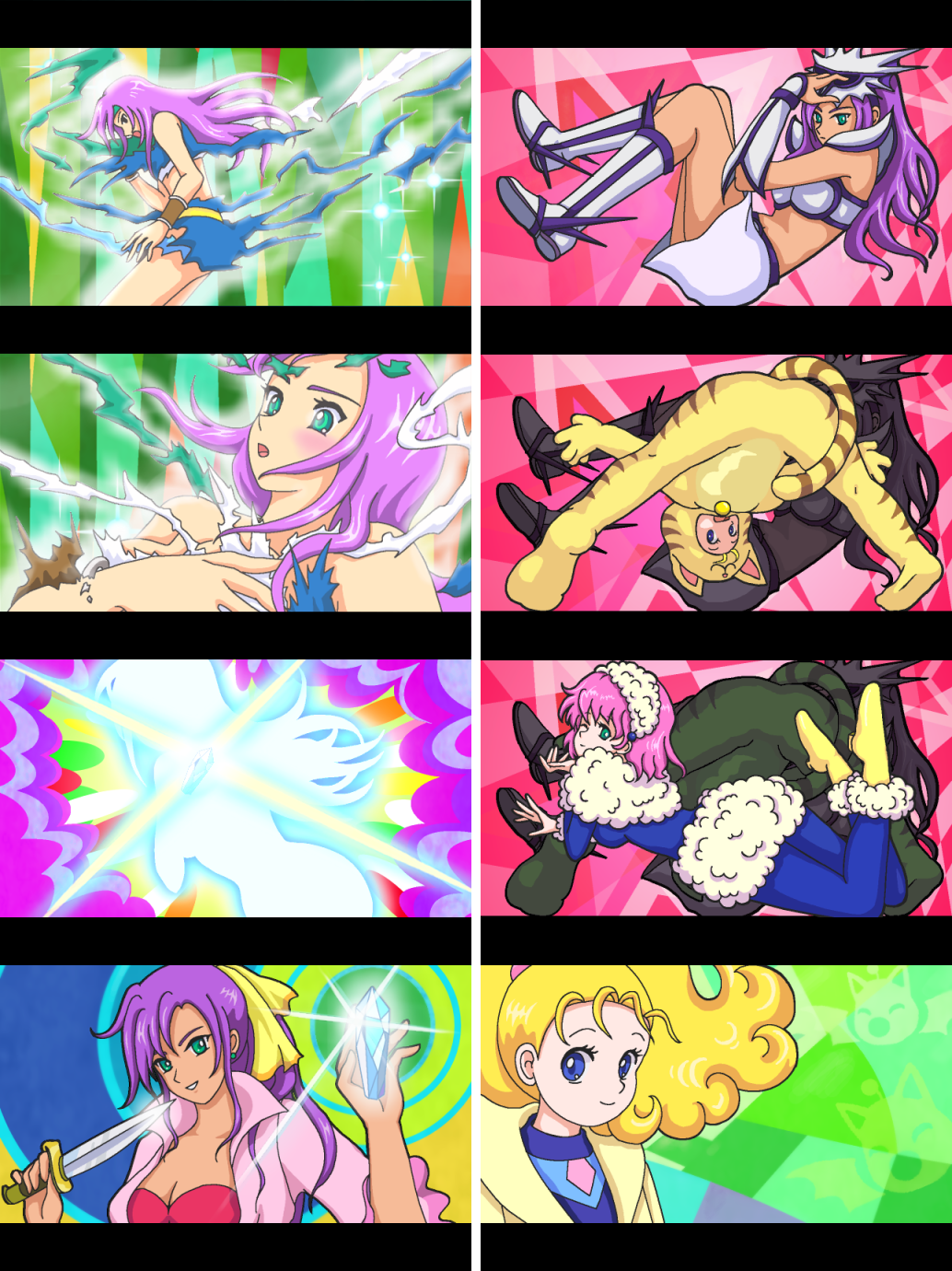 3girls beastmaster_(final_fantasy) berserker_(class) berserker_(final_fantasy) blonde_hair blue_eyes blush bracelet breasts cleavage crystal cutie_honey dancer faris_scherwiz final_fantasy final_fantasy_v geomancer geomancer_(final_fantasy) gladiator green_eyes headband highres jewelry knife krile_mayer_baldesion_(ff5) lenna_charlotte_tycoon letterboxed long_hair multiple_girls one_eye_closed parody pink_hair ponytail purple_hair re:_cutie_honey short_hair sparkle torn_clothes transformation wink zu-_(hana_kirin)