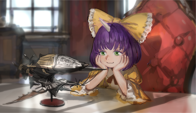 1girl blue_hair bow closed_mouth dress eiko_carol final_fantasy final_fantasy_ix green_eyes hair_bow horns model_ship sasumata_jirou short_hair single_horn smile solo square_enix yellow_bow
