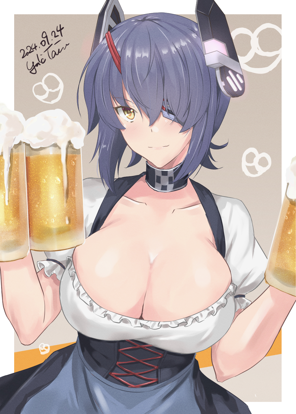 1girl alcohol apron artist_name barmaid beer beer_mug black_dress blush bodice breasts cleavage cup dated dirndl dress eyepatch food german_clothes grey_apron grey_background headgear highres holding holding_cup kantai_collection large_breasts looking_at_viewer mug oktoberfest pretzel purple_hair short_hair smile solo taira_yuuki tenryuu_(kancolle) underbust waist_apron waitress white_background yellow_eyes