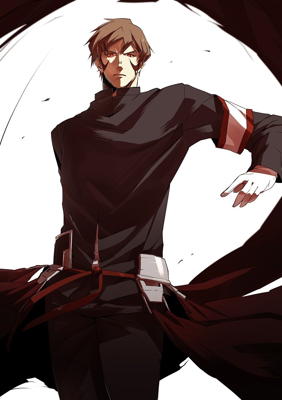 1boy armor black_pants black_shirt black_tunic brown_hair cape character_request facing_viewer gurast highres looking_at_viewer looking_down male_focus original outstretched_arm pants plate_armor red-eye_effect red_cape shirt sideburns source_request tunic white_background wind