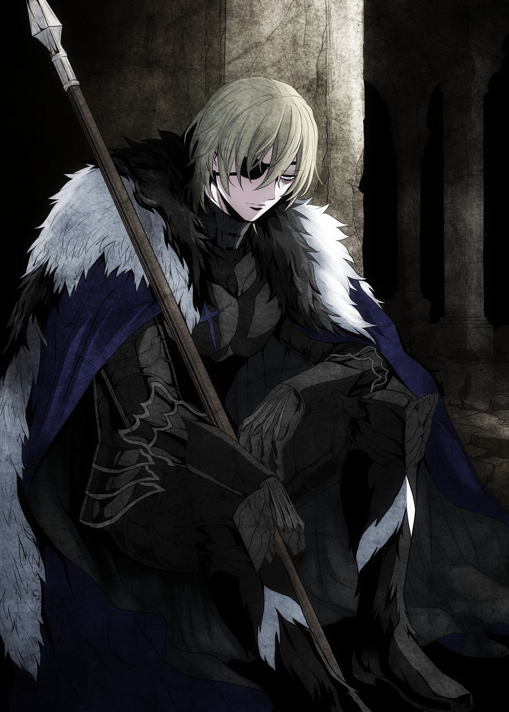 1boy arm_on_knee armor bags_under_eyes black_armor black_boots black_fur blonde_hair blue_cape blue_eyes boots breastplate cape debris dimitri_alexandre_blaiddyd dimitri_alexandre_blaiddyd_(timeskip) eyepatch faulds fire_emblem fire_emblem:_three_houses fur-trimmed_boots fur-trimmed_cape fur_trim gauntlets hair_between_eyes highres holding holding_polearm holding_weapon looking_ahead male_focus megubiru nintendo one_eye_covered pillar polearm rubble sitting solo weapon white_fur