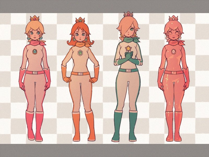 4girls bellhenge biker_daisy biker_peach biker_rosalina blonde_hair blue_eyes bodysuit boots brown_hair crown earrings flower full_body gold jewelry long_hair looking_at_viewer mario_(series) mario_kart mario_kart_8 multiple_girls nintendo pink_gold_peach ponytail princess_daisy princess_peach rosalina scarf short_hair standing star_(symbol) starish