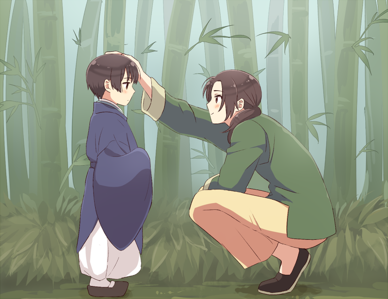 2boys aged_down arm_up axis_powers_hetalia baggy_pants bamboo bamboo_forest belt black_belt black_eyes black_shoes blue_kimono blue_sky blush brown_eyes brown_hair brown_shoes bush child china_(hetalia) chinese_clothes closed_mouth commentary_request day empty_eyes forest green_shirt hand_on_another&#039;s_head japan_(hetalia) japanese_clothes kimono leaf long_hair long_sleeves looking_at_another low_ponytail male_focus multiple_boys nature outdoors pants petting ponytail shadow shirt shoes short_hair sidelocks sky smile socks squatting standing tamaki_(q_tamaki) white_pants white_socks wide_sleeves yellow_pants