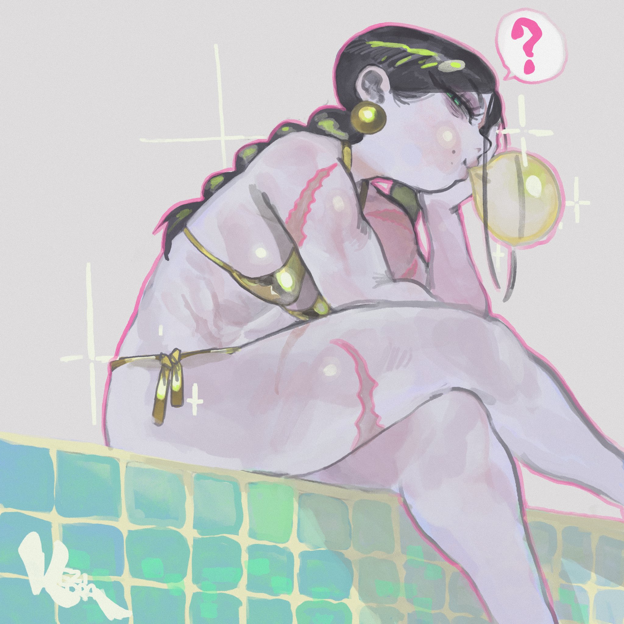 ? alternate_costume bare_shoulders bikini blowing_bubbles breasts chewing_gum crossed_legs earrings eyelashes feet_out_of_frame full_body gold_bikini gold_earrings golden_week green_eyes green_hair half-closed_eyes hand_on_own_chin head_on_hand head_rest highres jewelry keziedra long_hair looking_at_viewer mole mole_on_cheek multiple_moles multiple_scars original outline pale_skin pink_outline profile scar scar_on_arm scar_on_face scar_on_leg shiny_swimsuit sitting sparkle speech_bubble sphere_earrings spoken_question_mark swimsuit tapioca_(keziedra) tiles twintails