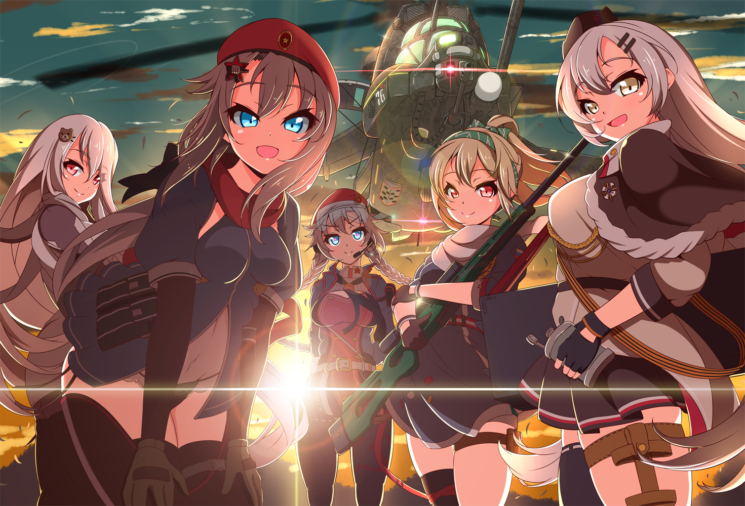 5girls 9a-91_(girls'_frontline) aircraft asymmetrical_legwear attack_helicopter beret blue_eyes bolt_action braid cowboy_shot fingerless_gloves girls'_frontline gloves gun hair_ornament hairclip hands_on_thighs hat headset helicopter holding holding_gun holding_weapon leggings long_hair looking_at_viewer mi-24 military military_uniform military_vehicle mismatched_legwear multiple_girls open_mouth ots-12_(girls'_frontline) panties pk_(girls'_frontline) ponytail red_eyes rifle sayossa_(pak-front) side-tie_panties silver_hair skindentation sniper_rifle star_(symbol) star_hair_ornament sunset sv-98 sv-98_(girls'_frontline) svd_(girls'_frontline) thighhighs underwear very_long_hair weapon