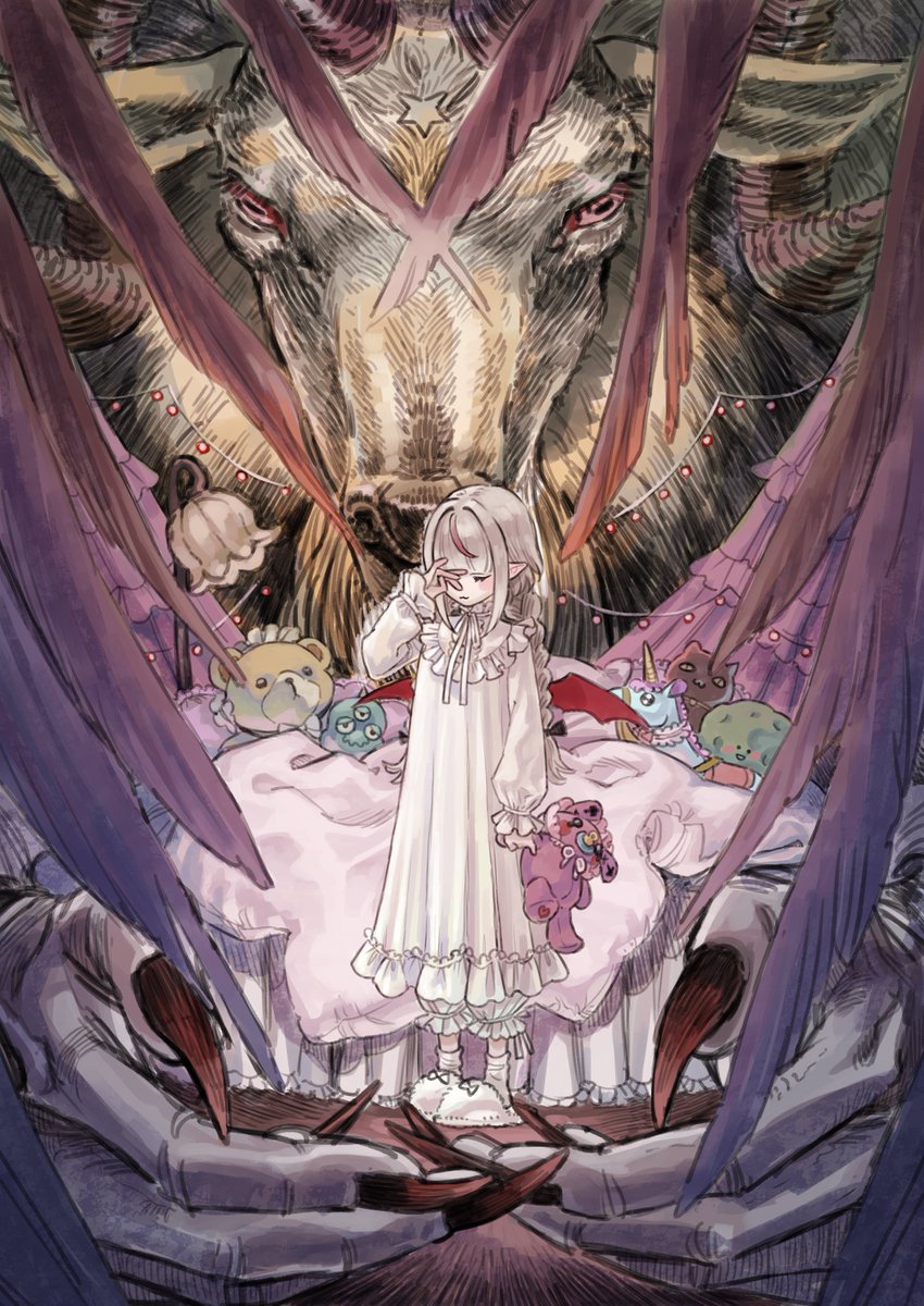 1girl baphomet_(mythology) bed blanket braid brown_hair claws closed_eyes demon demon_wings fairy_lights feathered_wings goat hair_intakes highres indoors koze_niire long_hair makaino_ririmu multicolored_hair nightgown nijisanji pants pillow pink_hair pointy_ears rubbing_eyes sleeves_past_wrists slippers socks streaked_hair stuffed_animal stuffed_rabbit stuffed_toy twin_braids two-tone_hair virtual_youtuber white_nightgown white_pants white_socks wide_shot wings