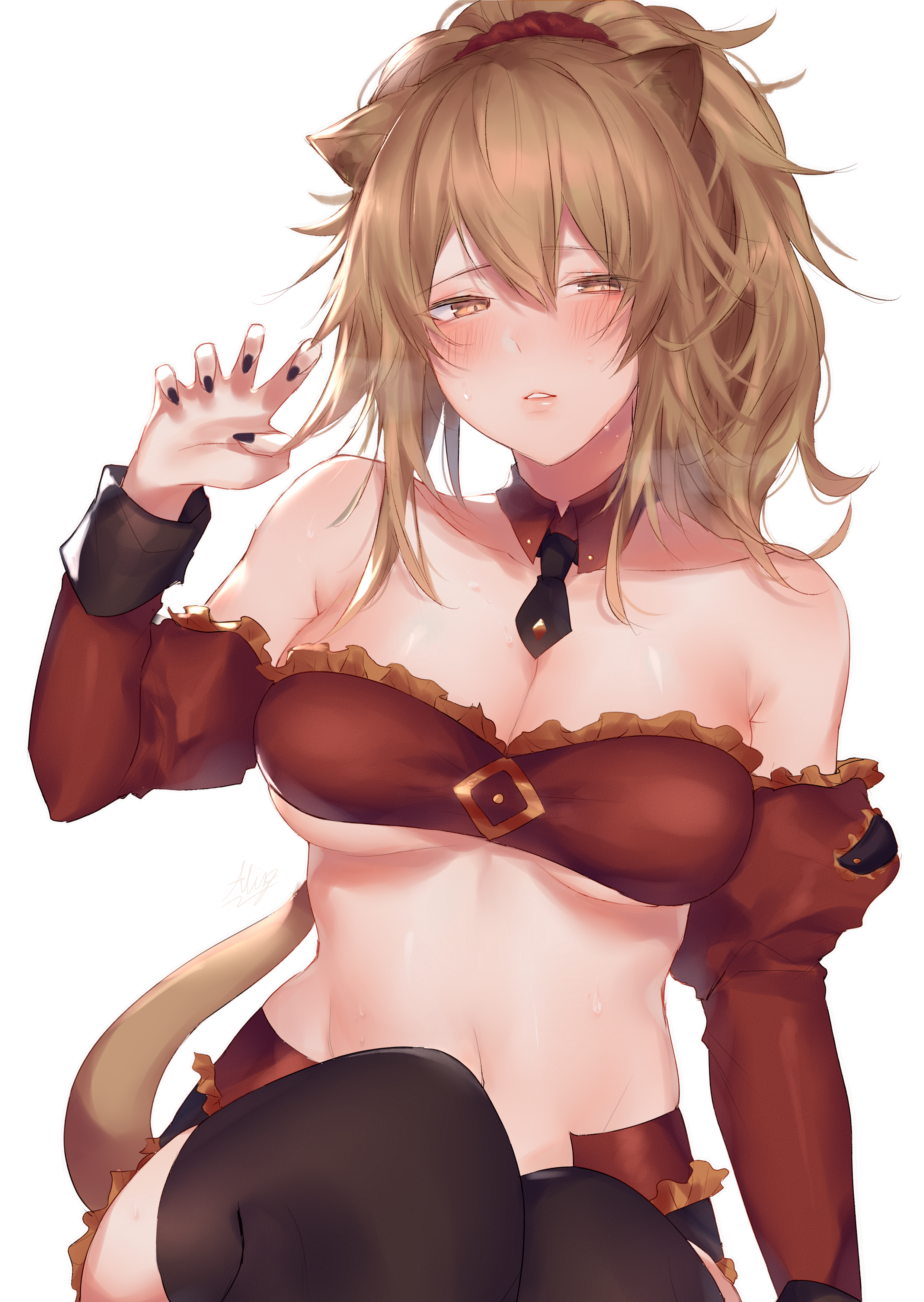 1girl absurdres allze arknights bandeau bare_shoulders black_nails black_necktie black_thighhighs blush breasts breath brown_eyes brown_hair character_name claw_pose cleavage collarbone commentary cosplay detached_collar detached_sleeves fate/apocrypha fate_(series) female_focus hair_between_eyes hair_ornament hair_scrunchie hand_up highres juliet_sleeves large_breasts lion_tail long_hair long_sleeves looking_at_viewer midriff mordred_(fate) mordred_(fate)_(cosplay) mordred_(fate/apocrypha) nail_polish navel necktie puffy_sleeves red_scrunchie scrunchie siege_(arknights) simple_background sitting solo stomach strapless tail thighhighs tube_top white_background