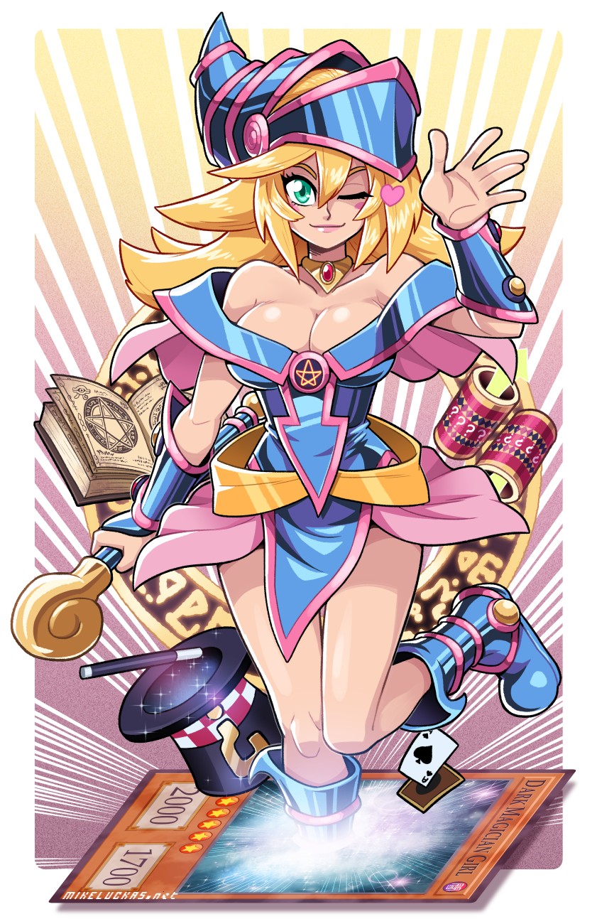 1girl ace_(playing_card) ace_of_spades bare_shoulders blonde_hair blue_boots blush book boots border breasts cane card cleavage collarbone dark_magician_girl datskelebutt duel_monster green_eyes hand_up hat heart highres holding holding_cane large_breasts looking_at_viewer mike_luckas one_eye_closed open_book pelvic_curtain playing_card showgirl_skirt simple_background smile solo spade_(shape) thighs top_hat white_background white_border witch witch_hat yu-gi-oh!