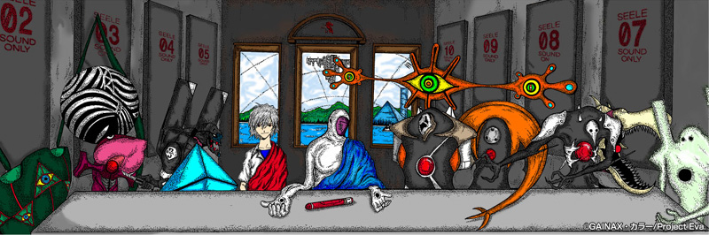 1boy adam_(evangelion) angel_(evangelion) bardiel_(evangelion) cloak eva_03 fine_art_parody gaghiel_(evangelion) gainaxtop hood hooded_cloak indoors israfel_(evangelion) leliel_(evangelion) lilith_(evangelion) long_sleeves long_table matariel monster nagisa_kaworu neon_genesis_evangelion parody plate ramiel_(evangelion) sachiel_(evangelion) sahaquiel_(evangelion) seele_(evangelion) shamshel_(evangelion) sitting table the_last_supper upper_body zeruel_(evangelion)