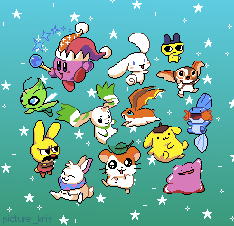 2boys :3 animal_crossing animal_ears animal_focus celebi cinnamoroll commentary creature crossover cybunny digimon digimon_(creature) ditto dog english_commentary fairy_wings furry furry_male fuwa_fuwa_cinnamoroll gaston_(animal_crossing) gen_1_pokemon gen_2_pokemon gen_3_pokemon gizmo_(gremlins) green_background gremlins_(film) hamster hamtaro hamtaro_(series) hat holding holding_wand jester_cap kirby kirby_(series) leaf legendary_pokemon mametchi mudkip multiple_boys mythical_pokemon neopet_(creature) neopets nintendo open_mouth patamon picture_kris pixel_art pokemon pokemon_(creature) pompompurin rabbit rabbit_boy rabbit_ears sanrio simple_background smile sparkle star_(symbol) tamagotchi terriermon wand wings