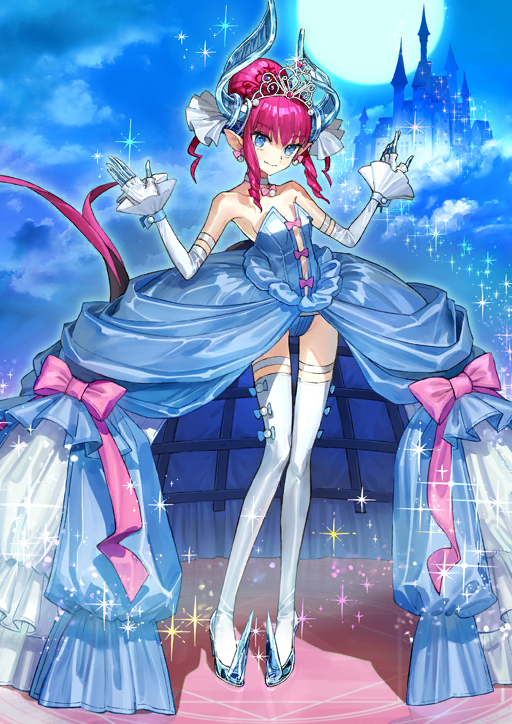 1girl asymmetrical_horns bare_shoulders blue_background blue_dress blue_eyes blue_horns blue_panties blue_shoes blue_skin bow bow_choker bow_legwear bow_skirt breasts castle choker colored_extremities colored_skin crinoline detached_sleeves dress dress_bow earrings elizabeth_bathory_(cinderella)_(fate) elizabeth_bathory_(fate) fate/grand_order fate_(series) finger_cots fingerless_gloves forked_tail frilled_sleeves frills full_body full_moon game_cg gloves hair_bun hands_up head_tilt high_heels hoop_skirt horns jewelry long_dress long_sidelocks long_sleeves moon official_art outstretched_arms panties pink_bow pink_hair pointy_ears pumps shoes short_hair_with_long_locks showgirl_skirt sideboob sidelocks single_hair_bun skirt sleeveless sleeveless_dress small_breasts solo sparkle spiked_shoes spikes standing stiletto_heels strapless strapless_dress tail thighhighs third-party_source tiara underwear uneven_horns wada_arco white_choker white_gloves white_sleeves white_thighhighs