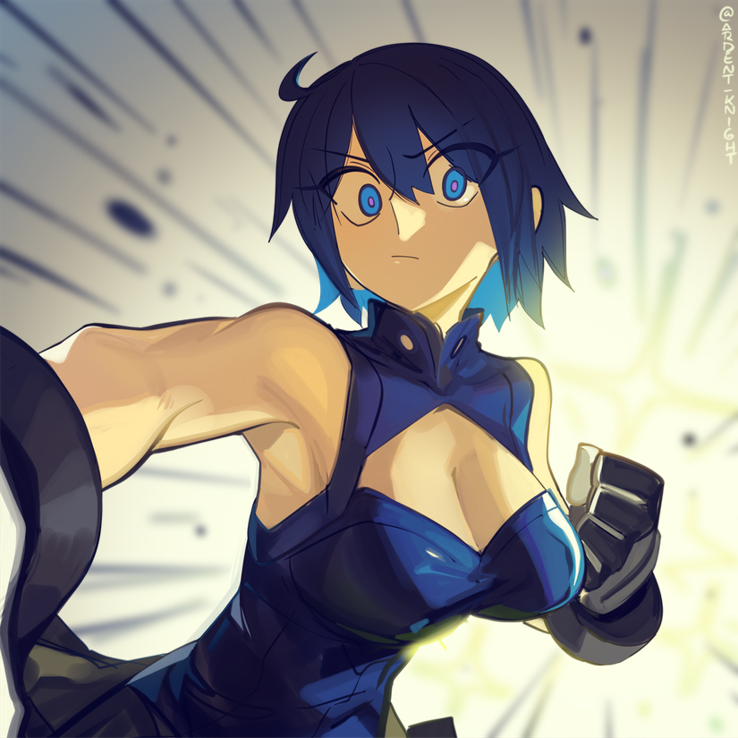 1girl ahoge bare_arms bare_shoulders black_gloves black_skirt blue_eyes blue_hair blue_shirt boa_(brianoa) breasts ciel_(tsukihime) cleavage cleavage_cutout clenched_hand clothing_cutout dress gloves large_breasts looking_at_viewer powered_ciel shirt short_hair skirt sleeveless sleeveless_shirt solo tsukihime tsukihime_(remake) upper_body v-shaped_eyebrows
