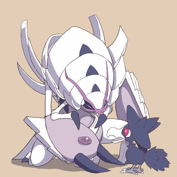 animal_focus bird bright_pupils brown_background closed_eyes commentary_request crow dusk_stone evolution_stone full_body gen_2_pokemon gen_7_pokemon golisopod helping holding holding_rock kneeling looking_at_another mijinko_(barabadge) murkrow nintendo no_humans open_mouth outdoors pokemon pokemon_(creature) red_eyes rock simple_background white_pupils