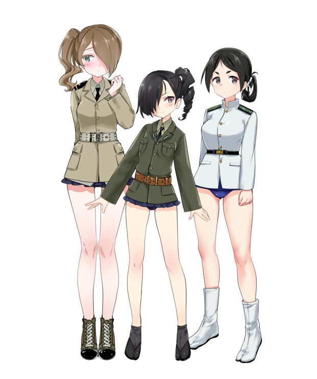 3girls artist_request belt black_hair black_panties blue_one-piece_swimsuit boots brown_hair full_body green_jacket hair_over_one_eye jacket long_hair looking_at_viewer military military_uniform multiple_girls necktie no_pants one-piece_swimsuit original panties shoes standing swimsuit swimsuit_under_clothes underwear white_background white_jacket world_witches_series