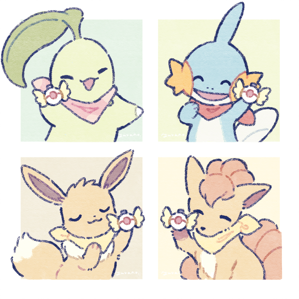 animal_focus badge bandana chikorita closed_eyes closed_mouth eevee gen_1_pokemon gen_2_pokemon gen_3_pokemon holding mudkip nintendo no_humans open_mouth pokemon pokemon_(creature) pokemon_mystery_dungeon smile vulpix yurano_(upao)
