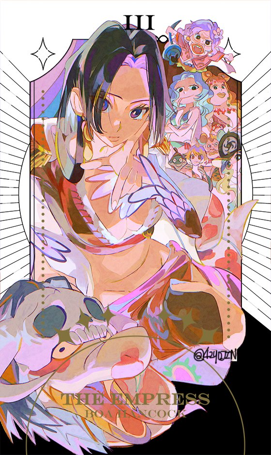 6+girls aphelandra black_hair blonde_hair blue_eyes blue_hair boa_hancock boa_marigold boa_sandersonia breasts card_(medium) character_name cleavage closed_mouth commentary_request crop_top earrings epaulettes fangs forked_tongue gloriosa_(one_piece) groin index_finger_raised jewelry long_hair looking_at_viewer marguerite_(one_piece) midriff multiple_girls old old_woman one_piece parted_bangs purple_sash red_shirt red_skirt salome_(one_piece) sash senzzang shirt side_slit skirt skull_on_head sleeves_past_wrists snake stomach sweet_pea_(one_piece) tarot tarot_(medium) the_empress_(tarot) tongue twitter_username wide_sleeves