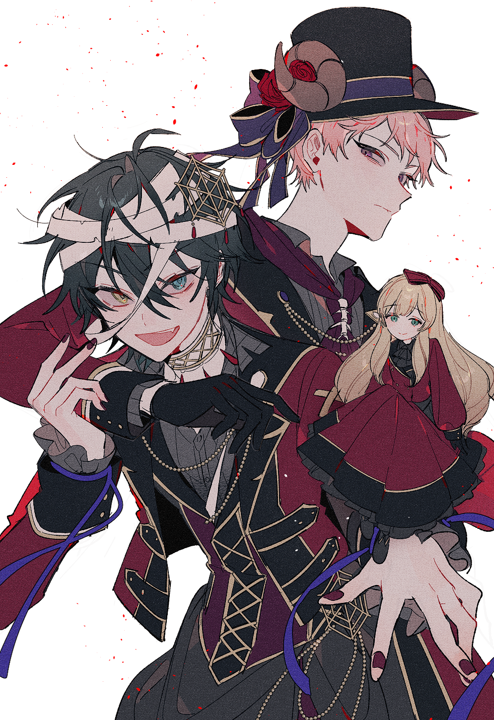 2boys anight arm_around_shoulder ascot bandaged_head bandages black_ascot black_gloves black_hair blonde_hair blue_eyes bow choker closed_mouth cropped_jacket demon_horns doll dress ensemble_stars! expressionless fake_horns fang film_grain flower frilled_dress frilled_sleeves frills gloves grey_shirt hair_between_eyes hair_bow halloween hat hat_ribbon heterochromia highres horns itsuki_shu jacket kagehira_mika long_hair long_sleeves looking_at_viewer mademoiselle_(ensemble_stars!) magical_halloween_(ensemble_stars!) male_focus multiple_boys official_alternate_costume open_mouth paper_texture pink_hair purple_eyes purple_ribbon red_ascot red_bow red_flower red_jacket red_nails red_rose ribbon rose shirt short_hair simple_background smile spider_web_hair_ornament upper_body valkyrie_(ensemble_stars!) white_background yellow_eyes