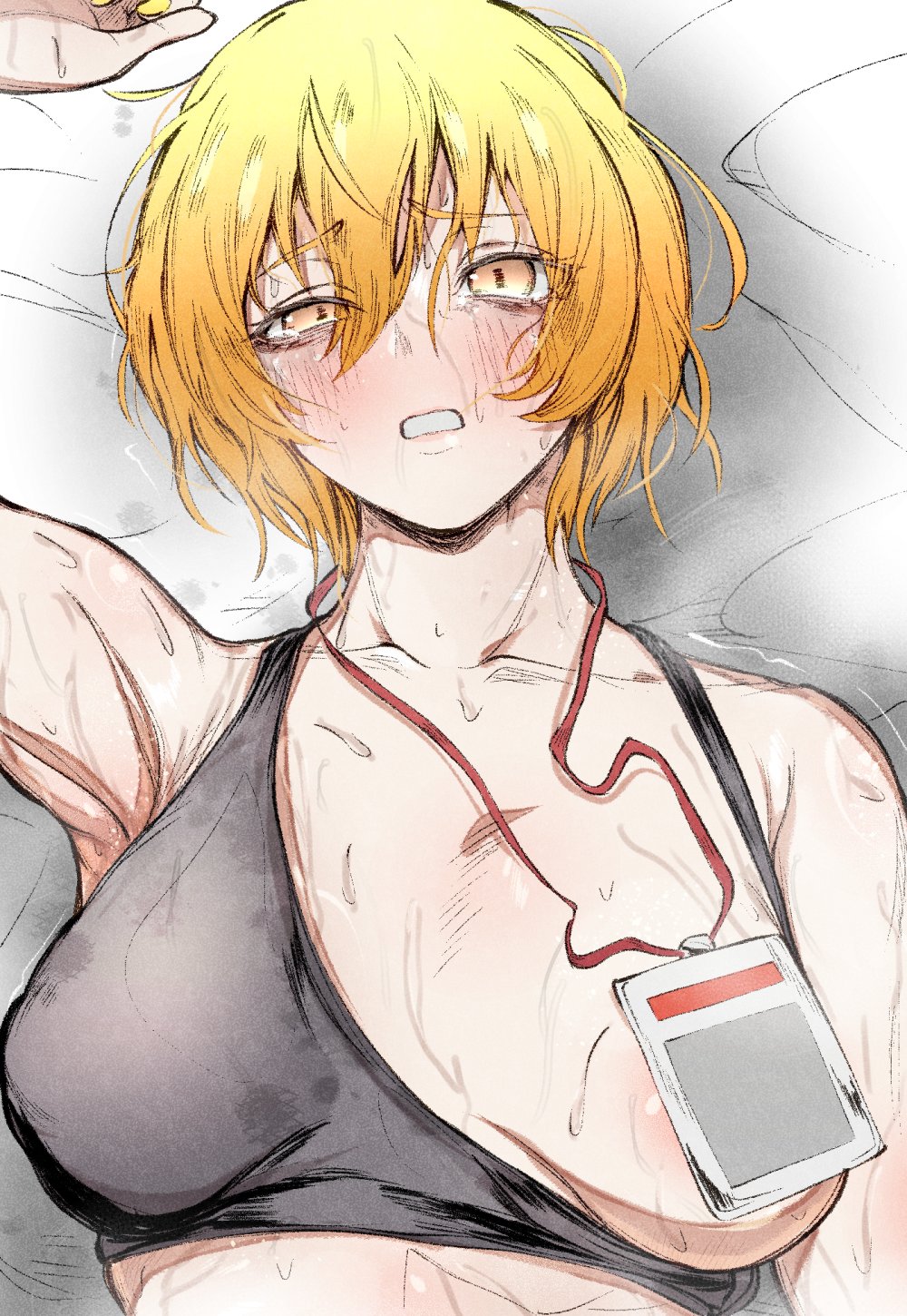 1girl blonde_hair blush breasts convenient_censoring don_quixote_(project_moon) highres id_card lanyard limbus_company looking_at_viewer lying nb8c on_back one_breast_out open_mouth partially_undressed project_moon short_hair sports_bra sweat teeth