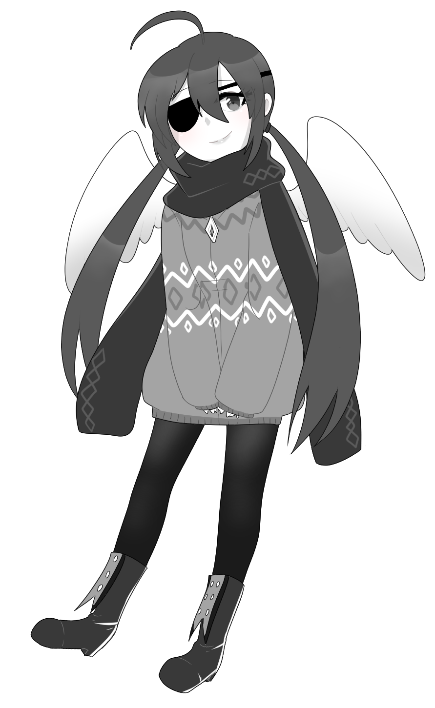 1girl ahoge alela_grora_(funamusea) angel angel_girl angel_wings black_scarf black_thighhighs boots closed_mouth coat colored_skin eyepatch full_body funamusea gallaxi grey_boots grey_coat grey_eyes grey_hair grey_lips haiiro_teien hair_between_eyes highres light_blush long_hair looking_at_viewer low_twintails scarf smile solo thighhighs transparent_background twintails very_long_hair white_skin wings zipper