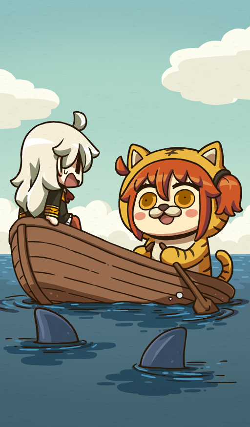 2girls animal animal_costume animal_nose animal_print black_jacket blue_sky blush_stickers boat chinese_zodiac cloud commentary eye_contact fate/grand_order fate_(series) fujimaru_ritsuka_(female) hair_through_hood holding holding_oar jacket life_of_pi long_hair looking_at_another medium_hair multiple_girls oar ocean official_art olga_marie_animusphere on_boat one_side_up open_mouth orange_eyes orange_hair orange_pantyhose outdoors pantyhose parody riyo_(lyomsnpmp) rowboat rowing scared shark sidelocks skirt sky small_sweatdrop third-party_source tiger_costume tiger_print watercraft white_hair white_skirt year_of_the_tiger |_|