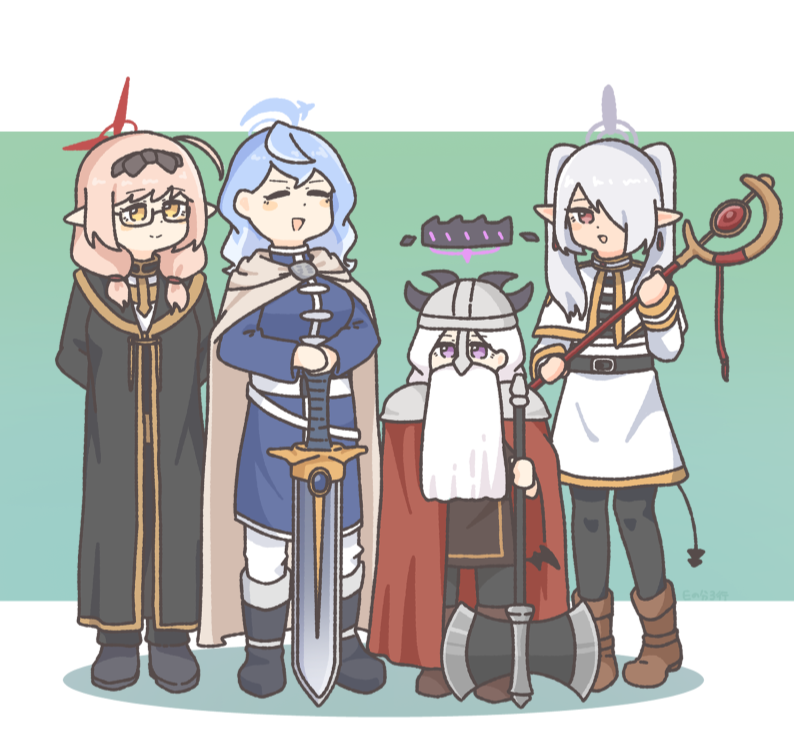 4girls :d ako_(blue_archive) alternate_costume axe battle_axe belt black_belt black_boots black_coat black_halo black_pants black_pantyhose black_shoes blue_archive blue_dress blue_halo boots brown_footwear cape capelet chinatsu_(blue_archive) coat cosplay dark-skinned_female dark_skin demon_girl demon_horns demon_tail demon_wings dress earrings eisen_(sousou_no_frieren) eisen_(sousou_no_frieren)_(cosplay) enobun3gyo fake_beard fake_facial_hair frieren frieren_(cosplay) full_body glasses grey_hair grey_halo hair_between_eyes hair_over_one_eye halo halo_behind_head height_difference heiter heiter_(cosplay) helmet himmel_(sousou_no_frieren) himmel_(sousou_no_frieren)_(cosplay) hina_(blue_archive) holding holding_axe holding_staff holding_sword holding_weapon hood hooded_coat horns iori_(blue_archive) jewelry knee_boots long_hair long_sleeves looking_at_another mage_staff multicolored_halo multiple_girls open_mouth pants pantyhose parted_bangs pink_hair pointy_ears prefect_team_(blue_archive) purple_eyes red_cape red_eyes red_halo semi-rimless_eyewear shoes sidelocks simple_background smile sousou_no_frieren staff standing sword tail two-tone_background two-tone_halo weapon white_cape white_capelet white_dress white_hair white_pants wings yellow_eyes