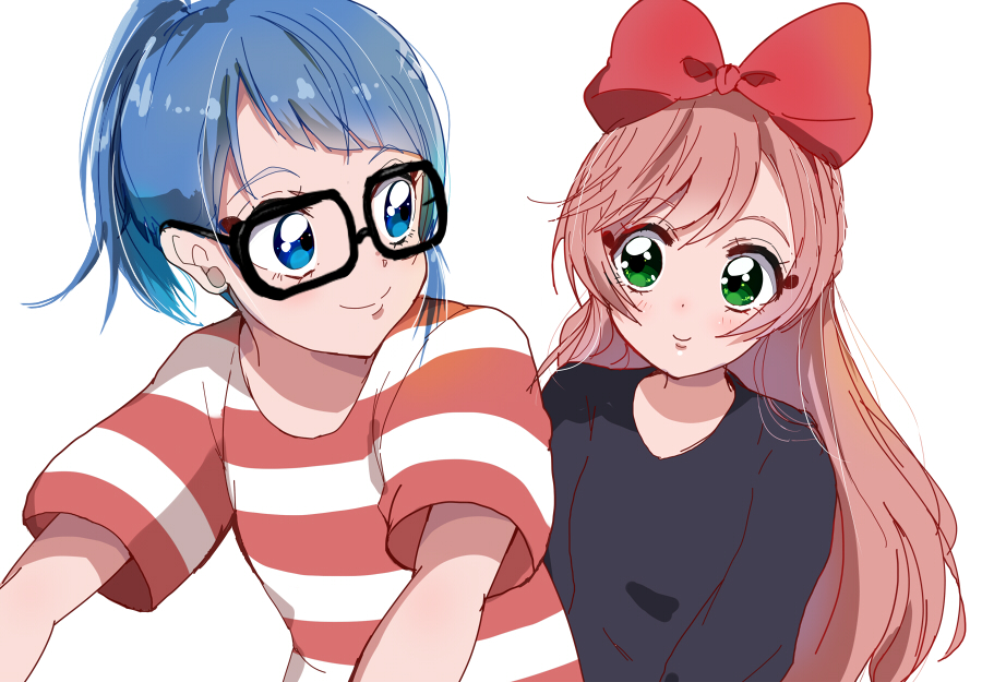2girls black-framed_eyewear black_dress blue_eyes blue_hair bow brown_hair closed_mouth commentary_request cosplay dress eye_contact glasses green_eyes hair_bow haru_(nature_life) hirogaru_sky!_precure kiki_(majo_no_takkyuubin) kiki_(majo_no_takkyuubin)_(cosplay) long_hair looking_at_another looking_back majo_no_takkyuubin multiple_girls nijigaoka_mashiro precure red_bow shirt short_sleeves simple_background smile sora_harewataru striped_clothes striped_shirt tombo_(majo_no_takkyuubin) tombo_(majo_no_takkyuubin)_(cosplay) upper_body very_long_hair white_background