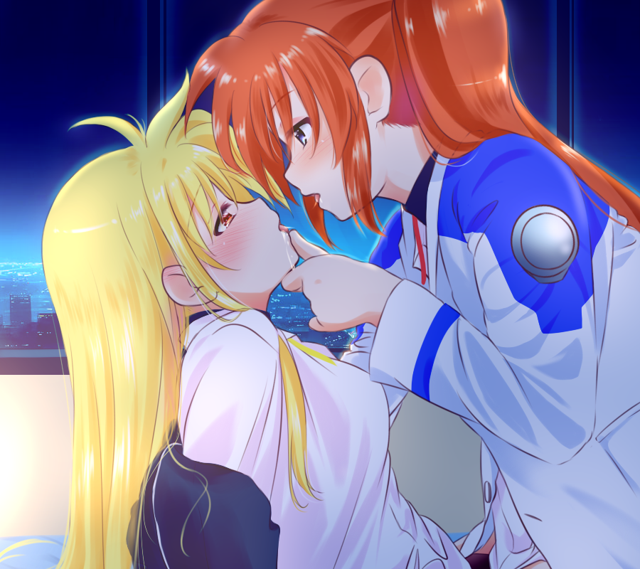 2girls blonde_hair blue_eyes blue_sky blush breasts couple fate_testarossa french_kiss kerorokjy kiss long_hair lyrical_nanoha mahou_shoujo_lyrical_nanoha multiple_girls night night_sky open_mouth orange_hair red_eyes saliva saliva_trail side_ponytail sky takamachi_nanoha tsab_air_military_uniform tsab_executive_military_uniform window yuri