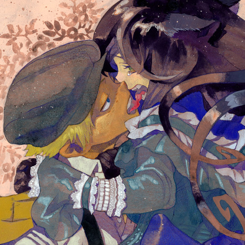 1boy 1girl animal_ears babe_ruth black_hair blonde_hair blue_eyes cat_ears couple fangs hetero itou_yuu kiss le_chat long_hair lowres painting_(medium) shiei_no_sona-nyl steampunk_(liarsoft) tongue traditional_media watercolor_(medium)