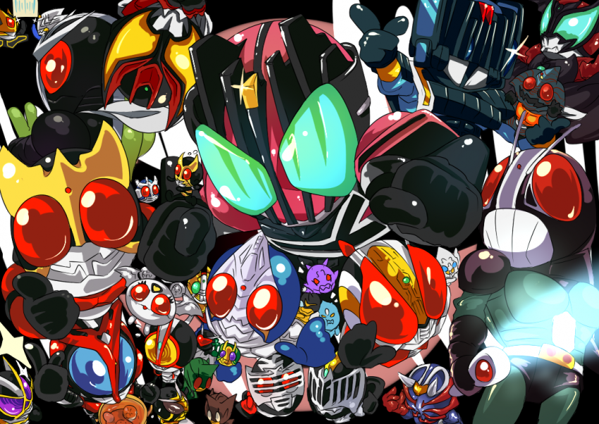 6+boys bad_id bad_pixiv_id bodysuit denji_(mugitomato) everyone glowing helmet kamen_rider kamen_rider_555 kamen_rider_agito kamen_rider_agito_(series) kamen_rider_amazon kamen_rider_amazon_(series) kamen_rider_black_rx kamen_rider_black_rx_(series) kamen_rider_blade kamen_rider_blade_(series) kamen_rider_chalice kamen_rider_dark_kiva kamen_rider_dcd kamen_rider_decade kamen_rider_den-o kamen_rider_den-o_(series) kamen_rider_diend kamen_rider_double kamen_rider_faiz kamen_rider_g3 kamen_rider_garren kamen_rider_hibiki kamen_rider_hibiki_(series) kamen_rider_kabuto kamen_rider_kabuto_(series) kamen_rider_kaixa kamen_rider_kick_hopper kamen_rider_kiva kamen_rider_kiva_(series) kamen_rider_knight kamen_rider_kuuga kamen_rider_kuuga_(series) kamen_rider_leangle kamen_rider_punch_hopper kamen_rider_ryuki kamen_rider_ryuki_(series) kamen_rider_thebee kamen_rider_w kintaros kintarosu kivala machinery male_focus multiple_boys ryutaros ryutarosu sieg urataros uratarosu weapon