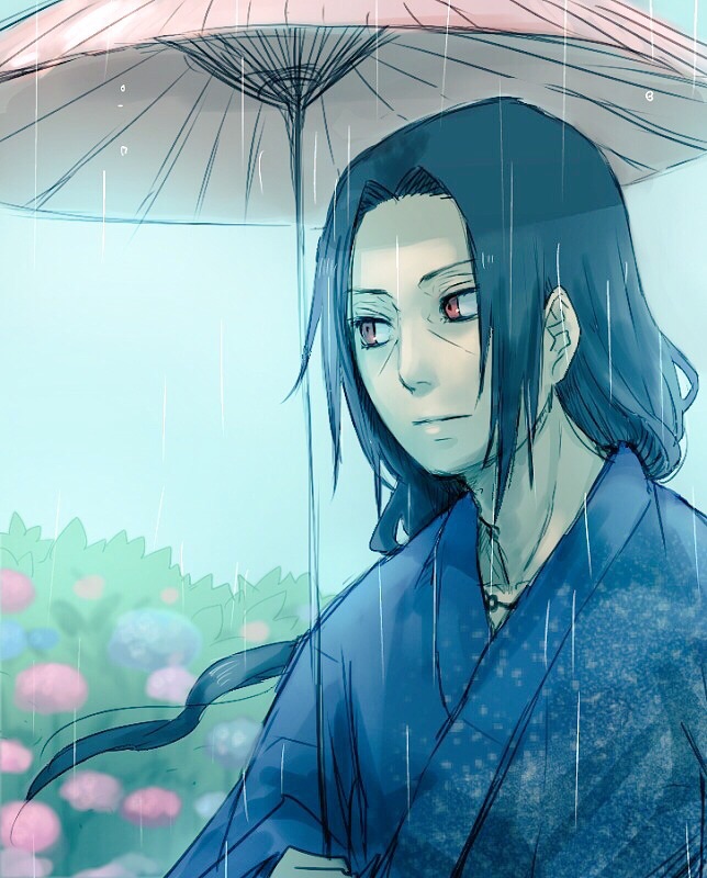 1boy black_hair flower japanese_clothes kimono long_hair male_focus meitarou naruto_(series) naruto_shippuuden rain red_eyes sharingan solo uchiha_itachi umbrella