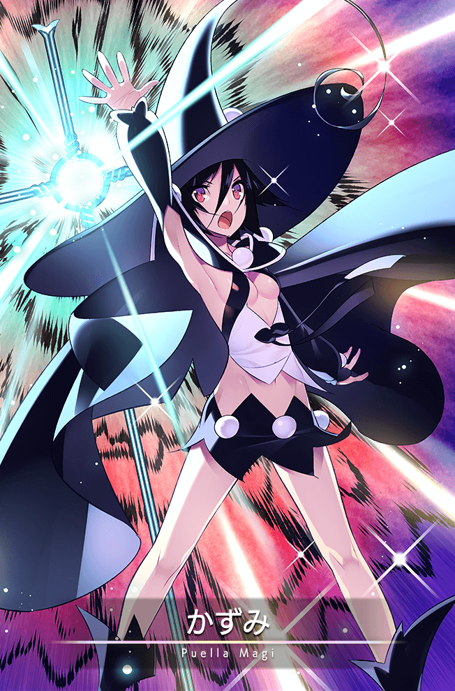 1girl arm_up armpits bare_legs black_bow black_cape black_footwear black_hat black_skirt black_sleeves blush bow breasts bright_pupils cape card_(medium) character_name cleavage cleavage_cutout clothing_cutout detached_sleeves determined emphasis_lines explosion feet_out_of_frame floating_cape floating_clothes frilled_sleeves frills game_cg hair_between_eyes hat kazumi_(madoka_magica) knees light_particles long_sleeves looking_at_viewer magia_record:_mahou_shoujo_madoka_magica_gaiden magical_girl mahou_shoujo_kazumi_magica mahou_shoujo_madoka_magica microskirt multicolored_background navel official_art open_mouth palms pom_pom_(clothes) puffy_long_sleeves puffy_sleeves red_eyes shirt short_hair side_slit skirt sleeves_past_wrists solo sparkle tensugi_takashi waist_bow white_pupils white_shirt wide_brim witch_hat