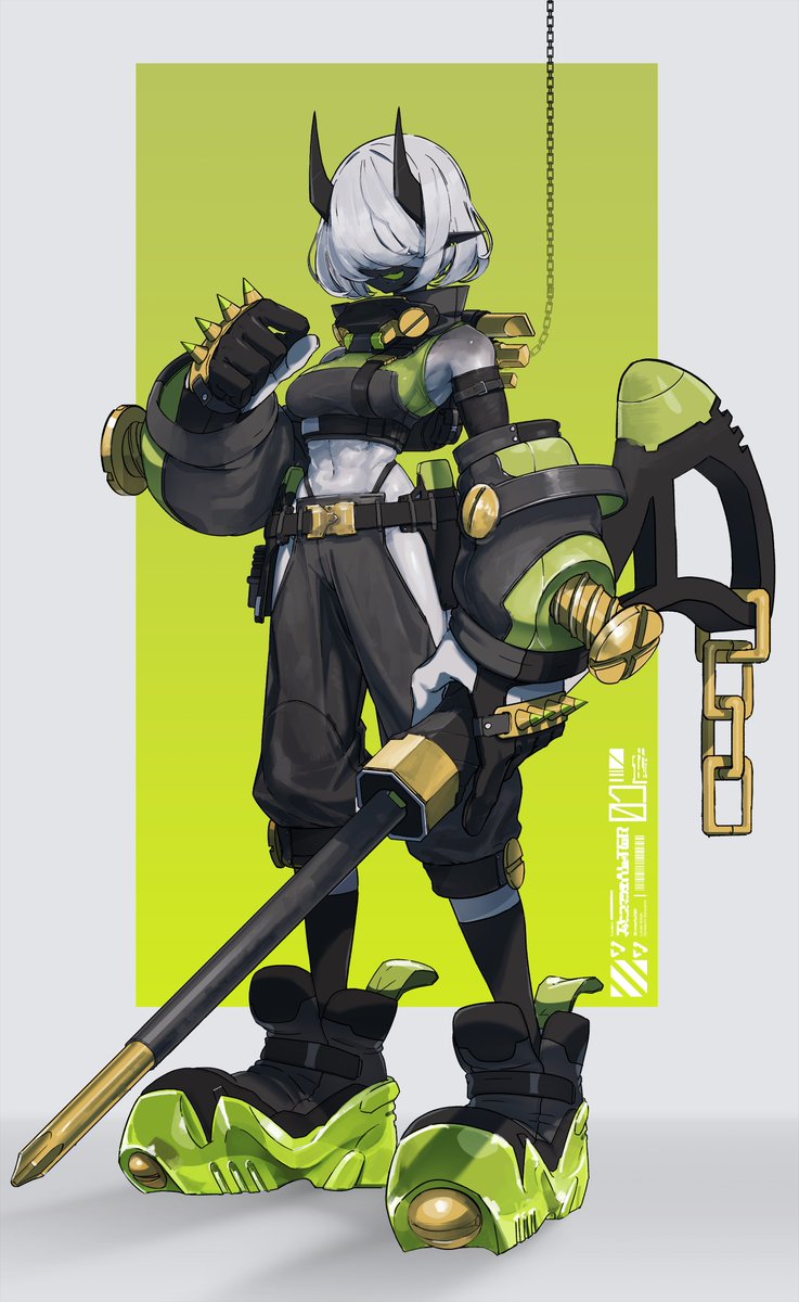 1girl abs black_skin colored_skin echanis_enicha full_body hair_over_eyes highres hip_vent holding holding_screwdriver horns midriff original oversized_footwear oversized_forearms oversized_limbs pants pointy_ears screwdriver short_hair solo spiked_knuckles standing two-tone_background white_hair