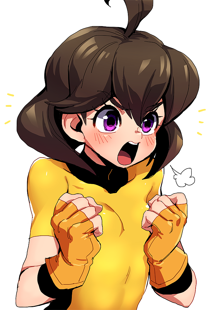 1girl ^^^ ahoge arms_(game) blush bodysuit brown_hair covered_collarbone female_focus gloves hair_between_eyes mechanica_(arms) nekobayashi_(nekoforest) open_mouth purple_eyes short_hair simple_background skin_tight solo v-shaped_eyebrows white_background wide-eyed
