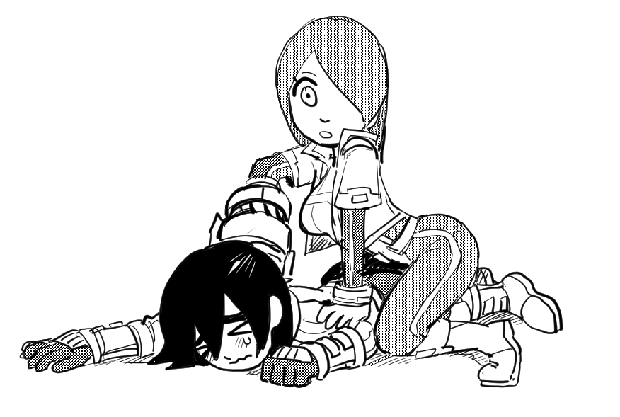 &gt;_&lt; 1boy 1girl :o aiming arm_cannon at_gunpoint black_hair bodysuit breasts closed_eyes cropped_jacket curvy dancho_no_mori gloves greyscale hair_over_one_eye head_pinned_down looking_at_viewer mii_brawler mii_brawler_(smash_ultimate) mii_gunner mii_gunner_(smash_ultimate) monochrome nintendo parted_lips pinned short_hair short_sleeves single_tear sitting sitting_on_person super_smash_bros. wavy_mouth weapon