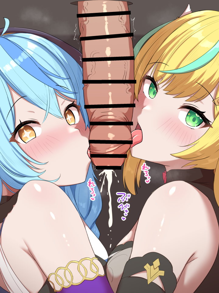 1boy 2girls bar_censor blonde_hair blue_hair blush censored cum fellatio foreskin green_eyes green_hair licking licking_penis multiple_girls nijisanji nisshisshi oral penis symbol-shaped_pupils tachitsute_toto tamanoi_nana virtual_youtuber yellow_eyes